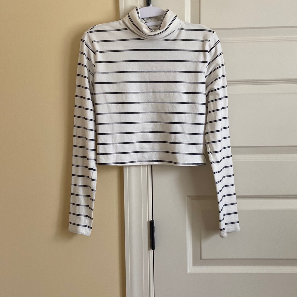 Garage White and Black Cropped Striped Turtle Neck